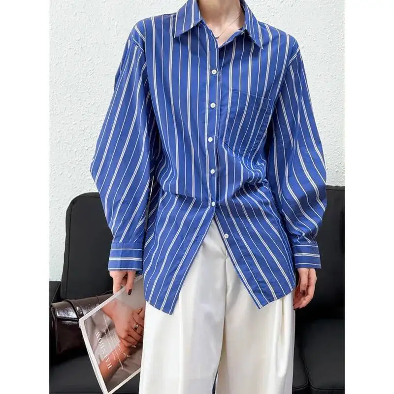 

Autumn Blue Striped Irregular Shirts Women Lace-up Turn Down Collar Loose Pocket Korean Casual Shirt Tops