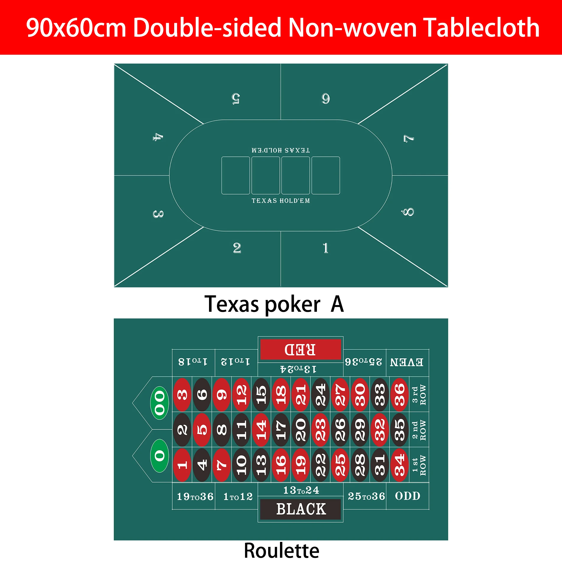 

90x60cm Texas Hold 'em Roulette Game Tablecloth Club Multiplayer Double-sided Non-woven Foldable Entertainment Accessories