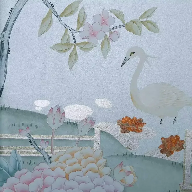 Dynamic Crane and Flowers Gilded Wallpaper for Villa High End Wallpaper Metallic Chinoiserie