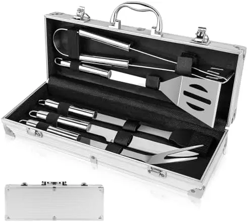 

5-Piece BBQ Grill Set in Aluminum Case – Heavy Duty Stainless Steel Grilling Tools for Men – Ultimate Gift for Dad (5pcs)
