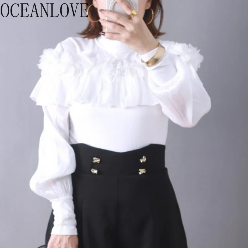 OCEANLOVE bluzki z falbankami damskie topy jednolity styl japoński Vintage wiosna jesień koszule damskie frezowanie słodkie Blusas Mujer