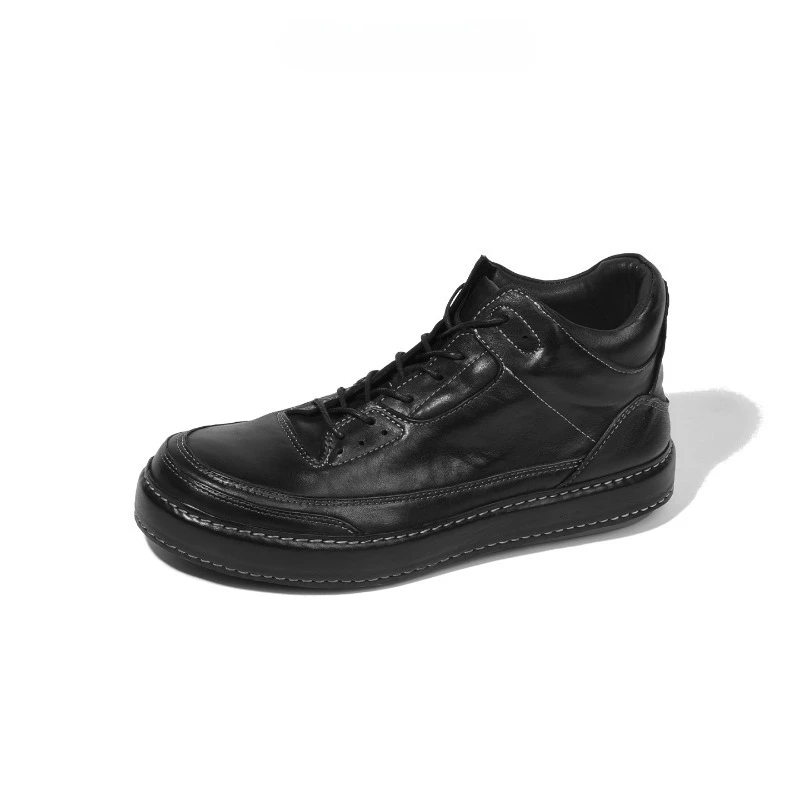 

New Sports Style High Top Casual Leather Shoes Men's Genuine Leather Motorcycle High Top Washed Flat Board Shoes Male Sneakers