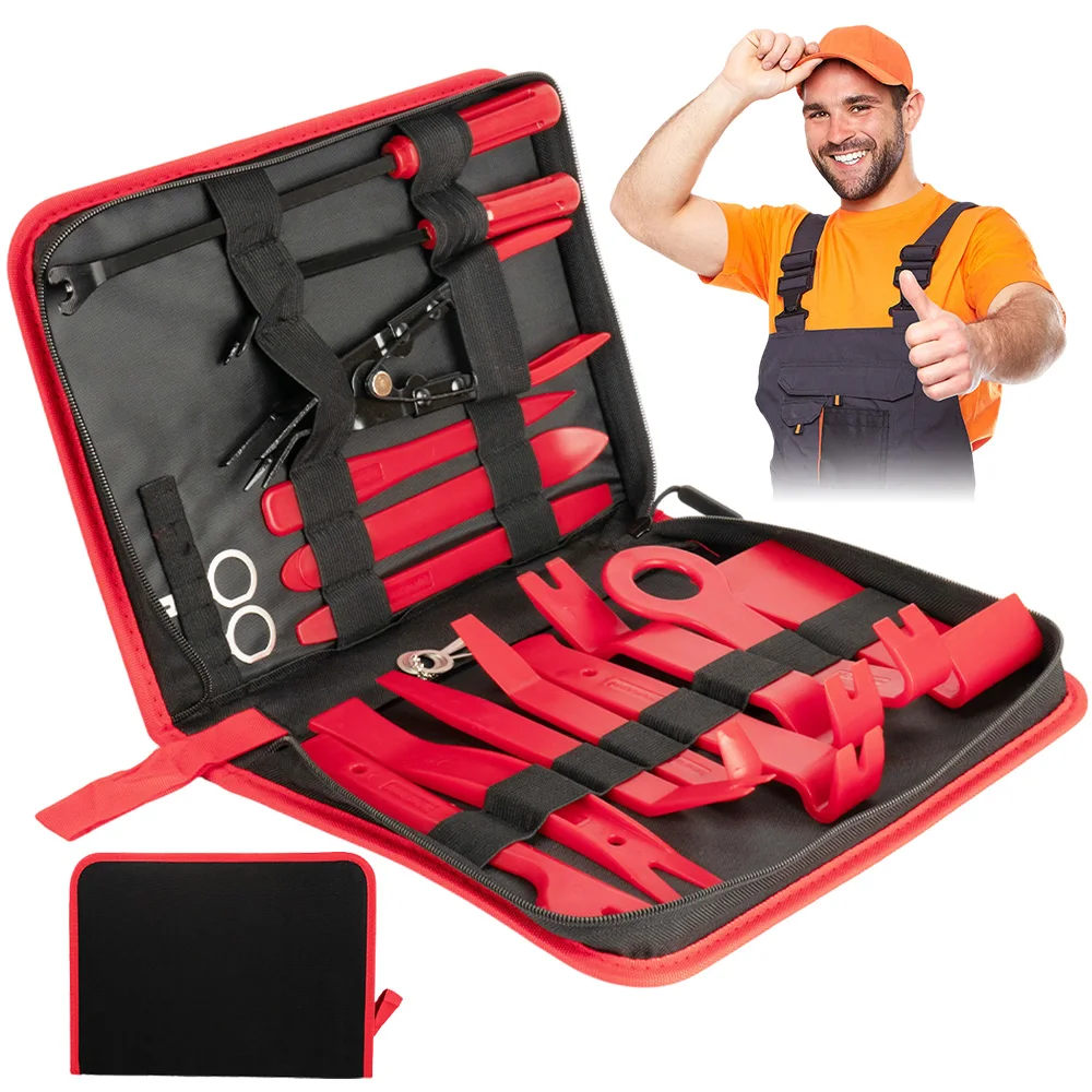 Kit d'outils de démontage de garnitures de voiture rouge 19 pièces avec sac de rangement, kit de levier en plastique durable pour garnitures intérieures, tableau de bord, démontage du système audio, accessoire pratique de réparation de véhicule pour modification de l'intérieur automobile