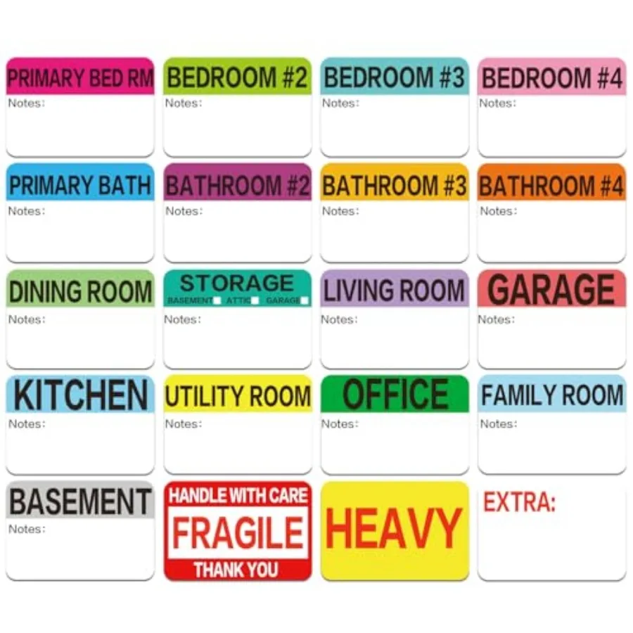 Count 3 x 2 Large Home Moving Packing Box Labels for 3-4 Bedroom House with Writable Notes Areas, 17 Color Coded Moving Labels