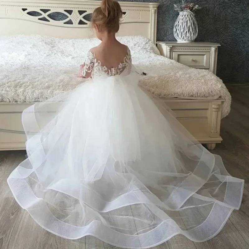 Vestido de laço traseiro personalizado, Flor de cauda removível, Vestido de primeira comunhão para bebê, Festa de casamento, crianças pequenas