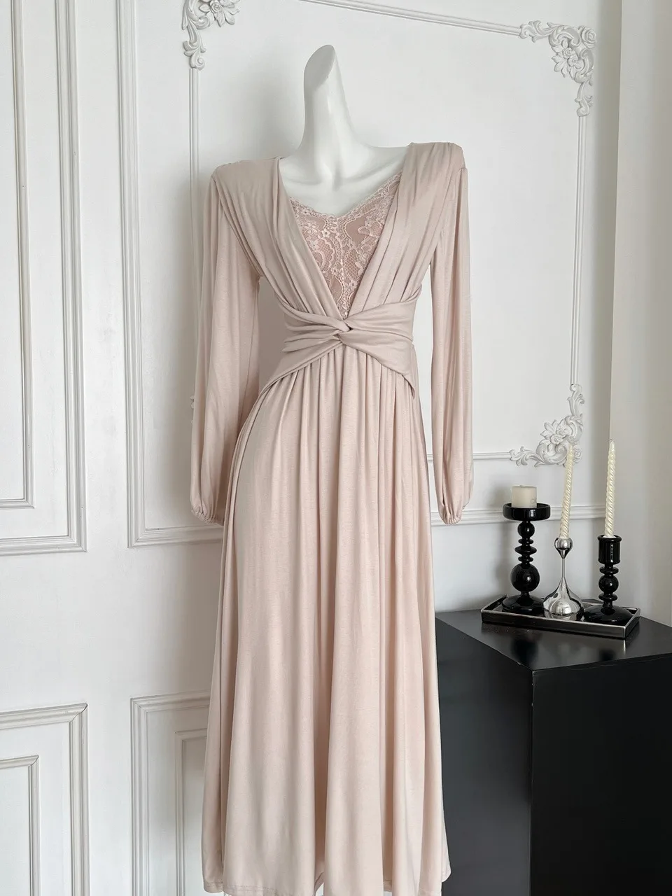 

Ele Sexy Long Sve Lace Patchwork V-ne Dr Women's Design Knot Waist Slimming Gown Polyester Fiber 2025 Winter