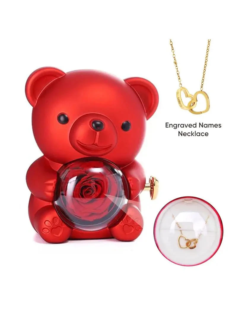 

2024 Double Heart Necklace and Spin Eternal Rose Hug Bear Jewelry box Wedding Anniversary Valentine's Day gift