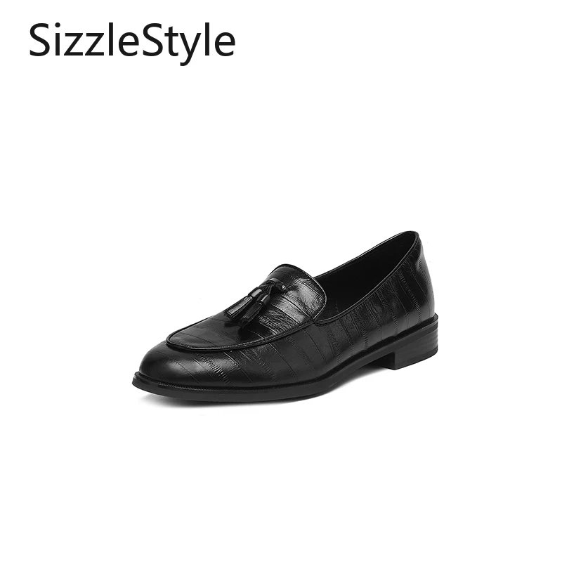 

Fashion Women's Embossed Leather 2.5cm Tassel Slip-on Round Toe Brown Black Comfortable Low Heel Versatile Loafers