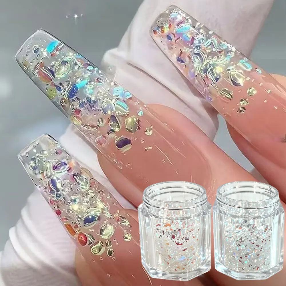 1/2Jars Aurora Broken Glass Chasing Light Nail Glitter Flakes Irregular Laser Nail Sequins Transparent Sparkle Flakes Nail Decor
