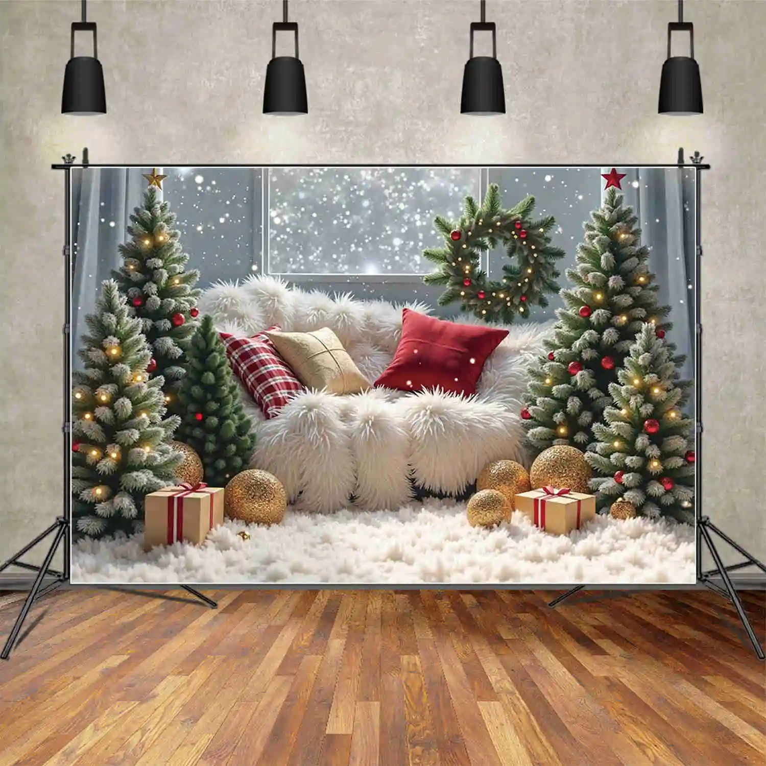 MOON.QG 2024 크리스마스 사진 배경 방, 새해 크리스마스 트리 포토존 배경, 어린이 스튜디오 포토부스 용품