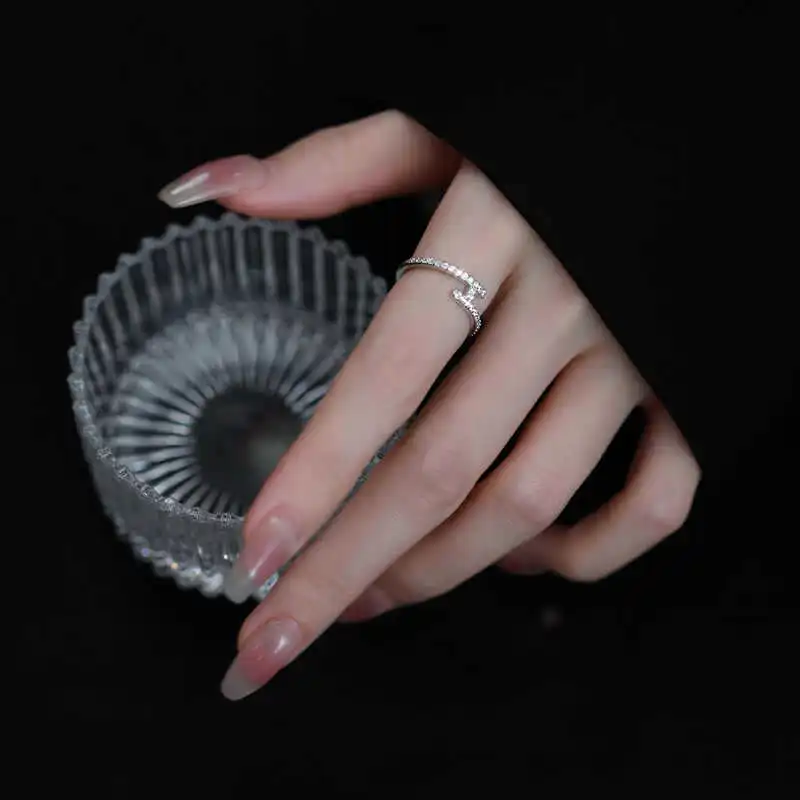 Shiny Trendy 925 Sterling Silver Inlaid Tiny Zircon Adjustable Irregular Letter H-shaped Ring for Woman Jewelry Accessory Gifts