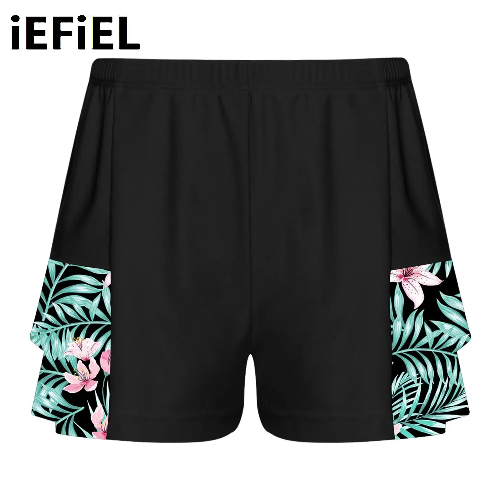 Children Print Swim Shorts for Girls Elastic Waist Bottoms Double Layers Ruffle Boycut Shorts Pool Beachwear Surfing Shorts