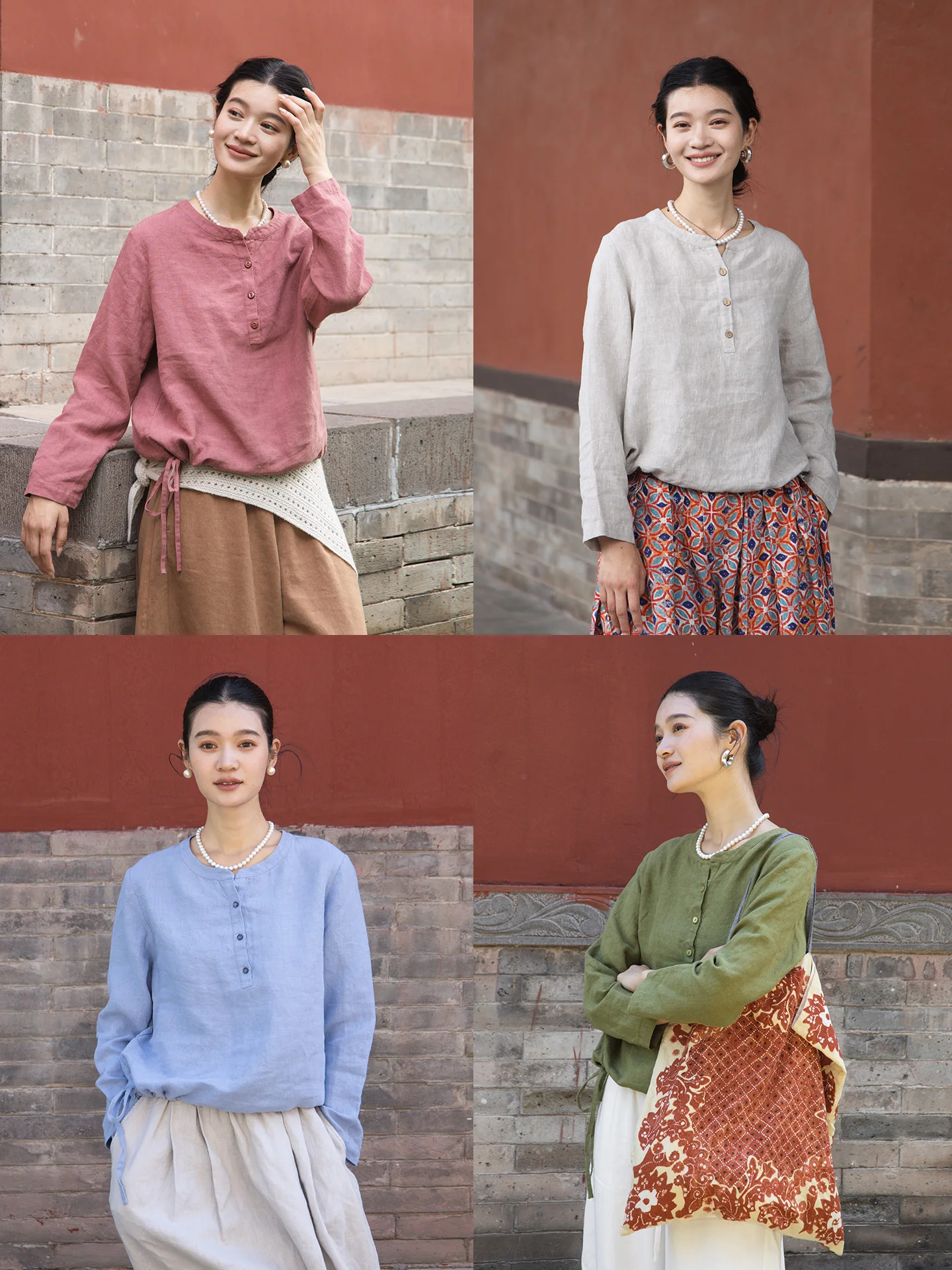 

Heavyweight Linen Long Sve round Ne irt Women's f Open Front Dstring Design Casual Loose Fit Autumn Top