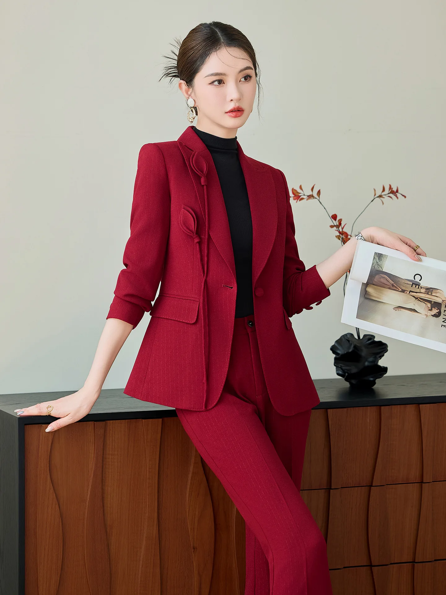 

High End Khaki Elegant Fashion Two Piece Set Fashion Women Slim Single Button Blazer And Flare Pant Office Lady Work Wear