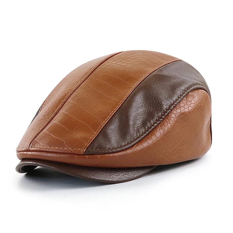 Retro PU Leather Beret Hat for Men Flat Peaked Cap For Mid Elderly Age Man Plaid Grain Forward Cap Autumn Winter Duckbill Visor