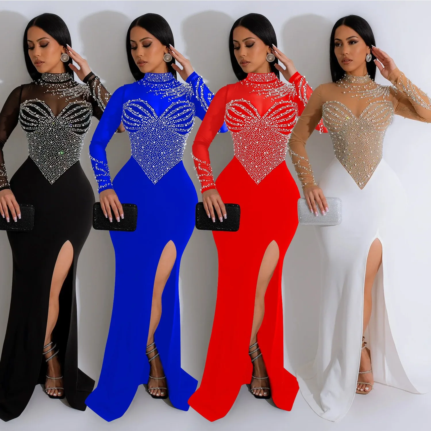 

Prom Dress Wedding Guest Elegant Party Long Rhinestone Embellished Maxi Dress Black High Slit Sheer Sleeve Evening Dress