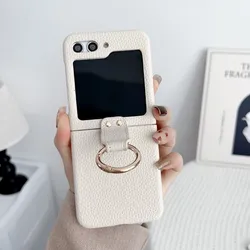 For Samsung Z Flip 5 4 3 ZFlip5 Case Luxury Elegant Faux leather Ring Holder Shockproof Protective Hard Back Cover Accessories