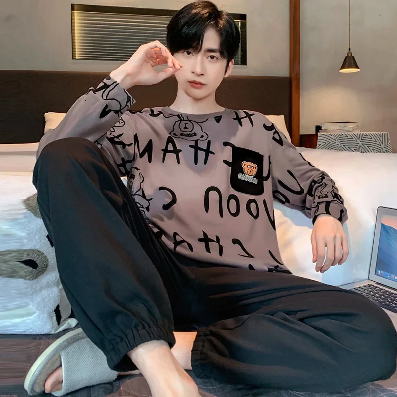 

Мужские пижамы больших размеров с длинными рукавами, свободные дышащие серые мультяшные полоски с медведем, черные мягкие домашние костюмы с круглым вырезом, комплект из двух предметов
