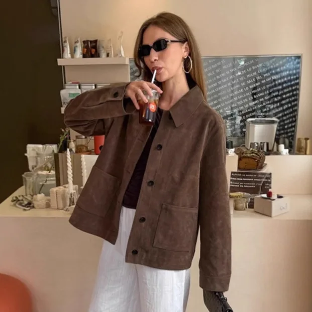 Vintage Brown Faux Suede Shacket Button Down Turn Down Collar Long Sleeve Pockets Loose Fit Commute Retro Winter Outerwear Coat