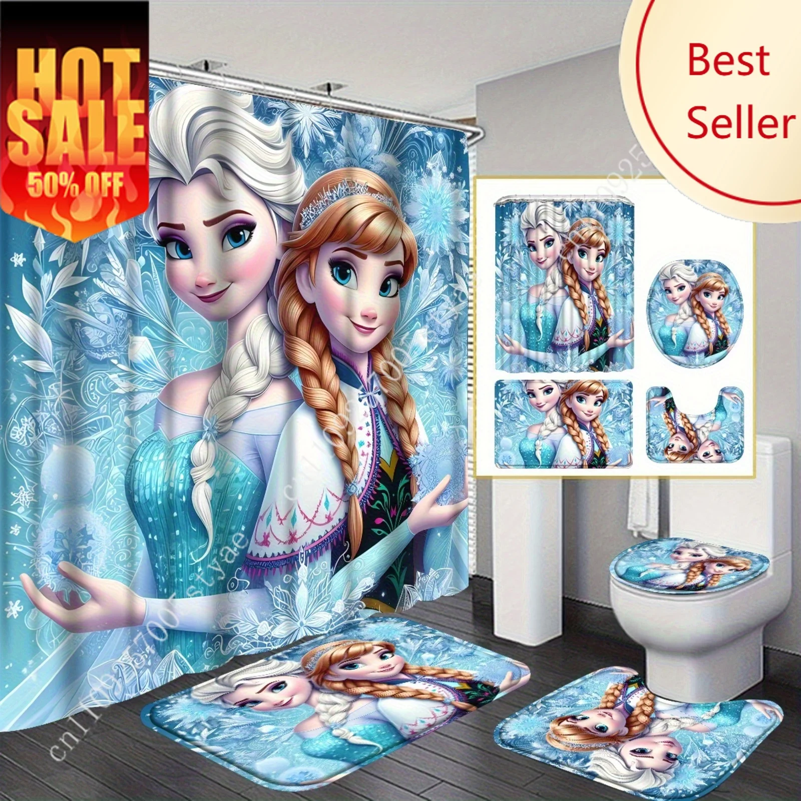 

Elsa Anna Princess Frozen Shower Curtain Set Disney Cartoon Decoration Gifts Non-slip Floor Mats Toilet Seats Bathroom Set 4pcs