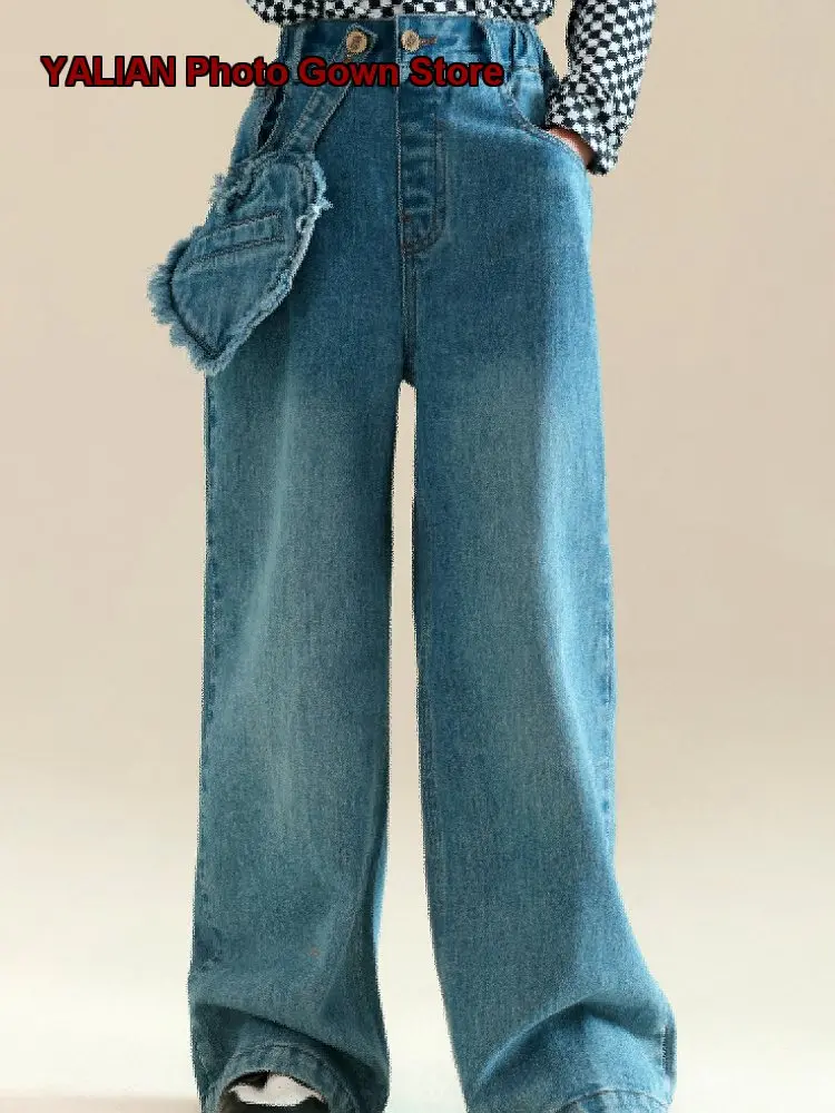 Girls Denim Wide Leg Pants Kids Spring Autumn Casual Pure Cotton Stylish Summer Older Kids