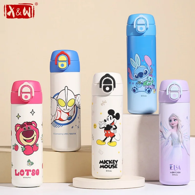 X&W Disney Mickey Vacuum Flasks 316 Stainless Steel Pop-up Straw Cup with Cup Sleeve＆Carrying Rope Keep Hot＆Cold Coffee Milk Mug