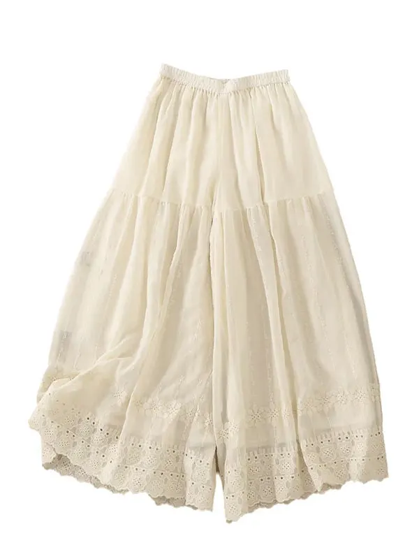 Ele Embroidered Skirt Pants Women's High Waist Loose Age-Defng Lace Trim Wide Leg Pants Summer 2025 New Arrival