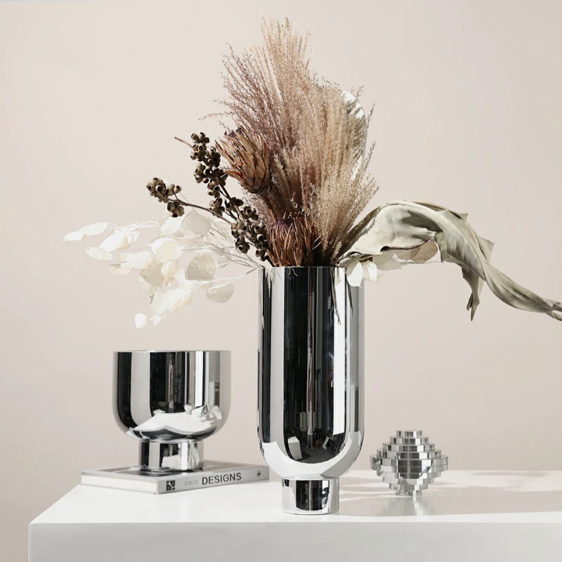 Modern Living Room Dining Table Office Desktop Flower Device Silver Flower Metal Vase Decoration Banquet Table Flower Pot