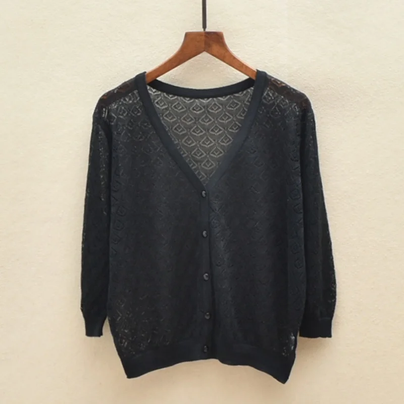 

Летний тонкий однотонный женский открытый кардиган с v-образным вырезом Seven-quarter Sve Топ с защитой от солнца вязаный свитер