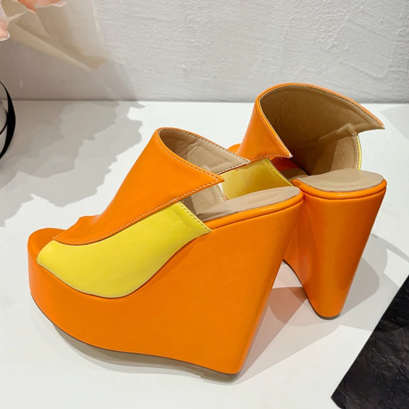 Liyke 2024 New Orange Leather Women Platform Wedges Slippers Sexy Peep Toe Super High Heels Sandals Summer Party Dress Shoes