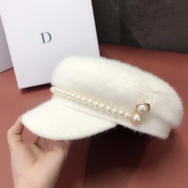 European and American pearl retro mink fur warm navy hat women's autumn and winter Japanese wild fashion peaked cap temperament