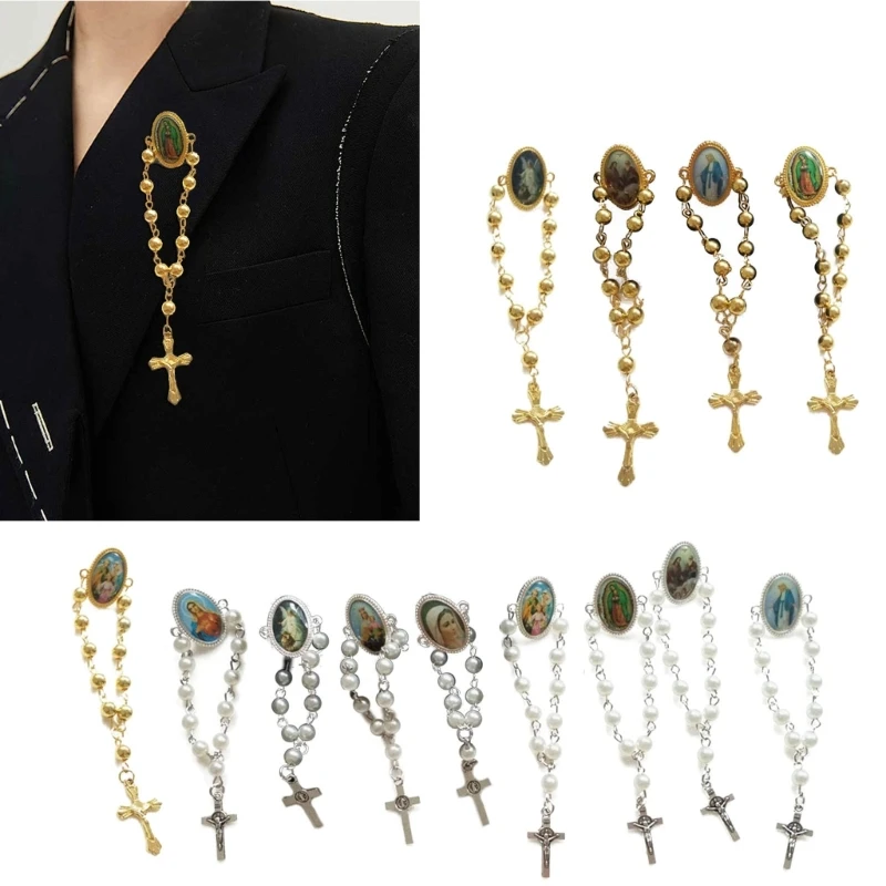 Christian Rosary Brooch Catholic Religious Gifts s Pendant Brooch Lapel Pin Collar Safety Pin for Women Girl Dresses