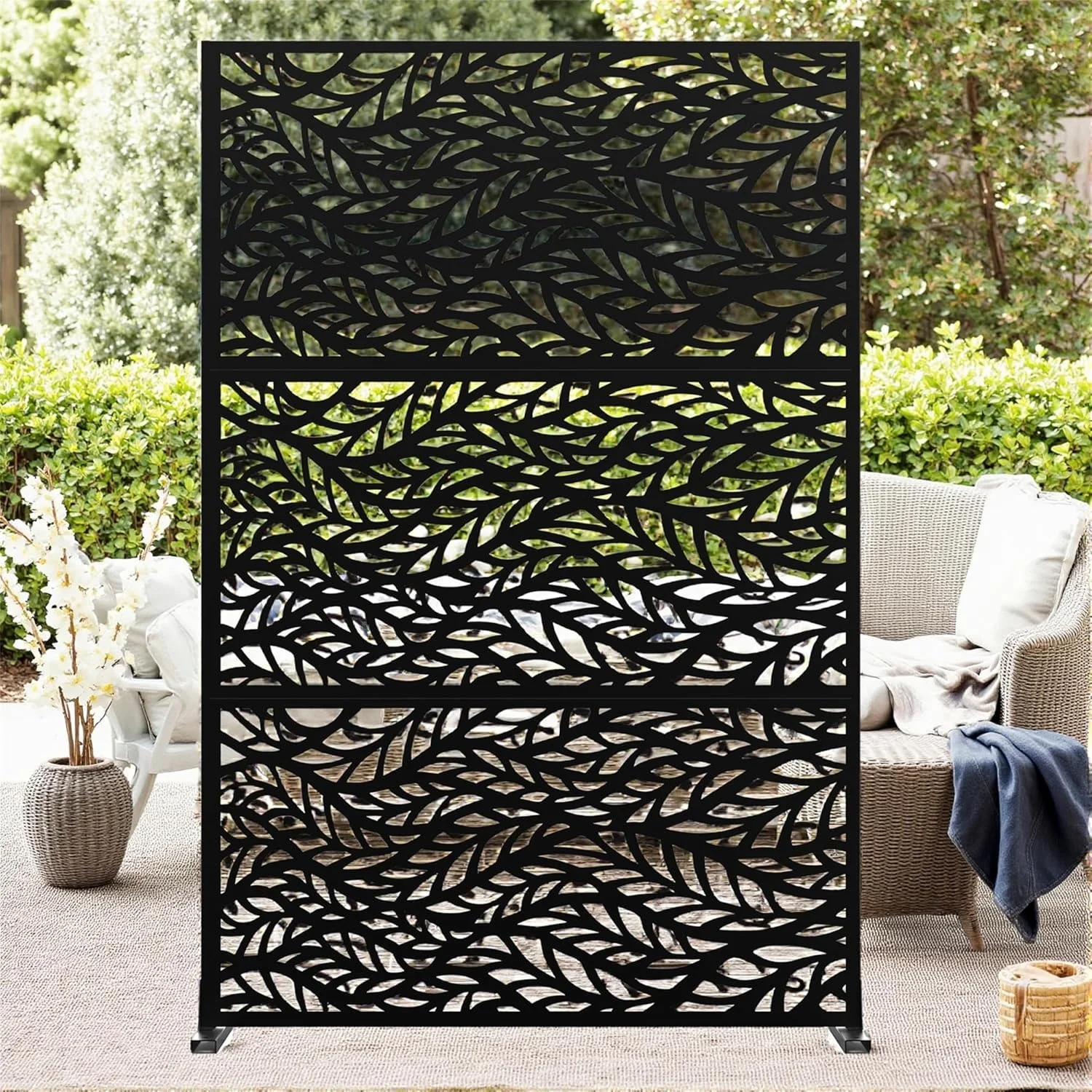 Paravent de jardin 180x120 cm en métal, écran d'intimité extérieur autoportant avec support, clôture décorative pour terrasse, jardin, balcon