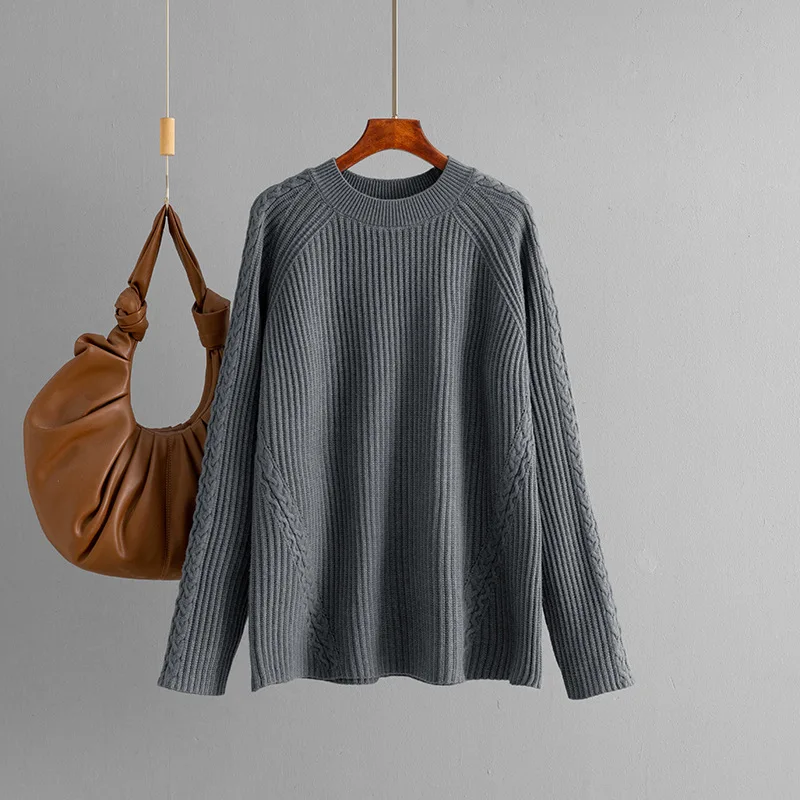 2025 Autumn Winter Sweater Women, Round Neck Loose Knit Casual Solid Color Knitted Base Shirt