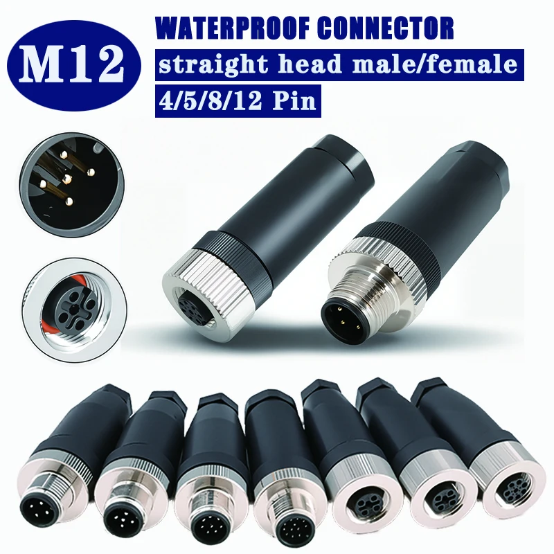 

5PCS M12 4 5 8 12 Pin Aviation Plug Power Adapter A type Waterproof Bend Angle Male&Female Plug High Quality Solderless IP67