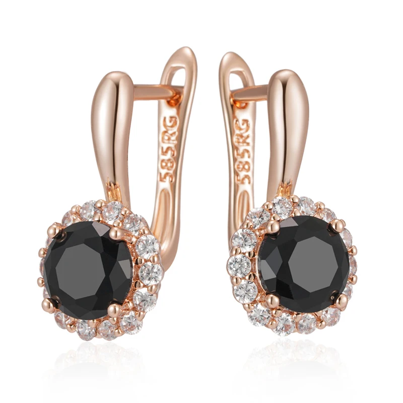 Kinel Sparkling Black Round Natural Zircon English Earrings Women 585 Rose Gold Color Vintage Wedding Party Fine Daily Jewelry