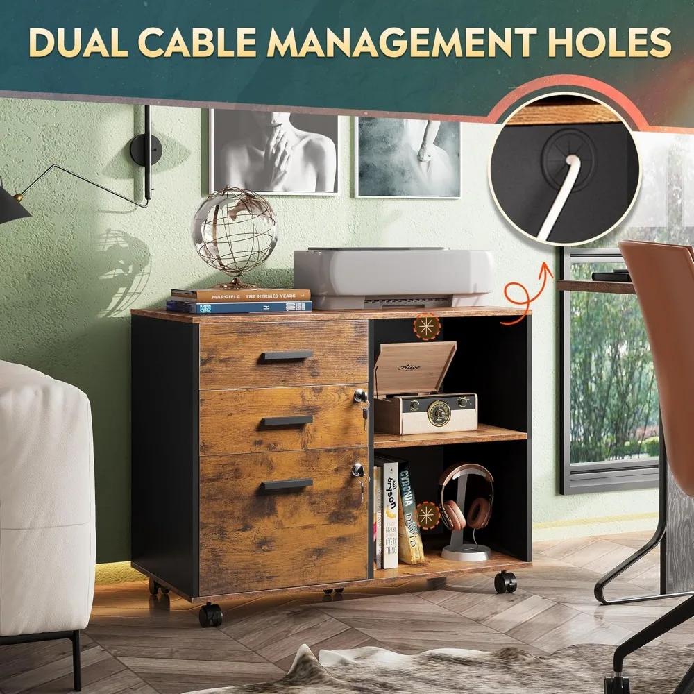 3-Drawer Wooden Lockable Lateral File Cabinet, Mobile Office Filing System with Open Storage Shelves for Home and Office Organiz