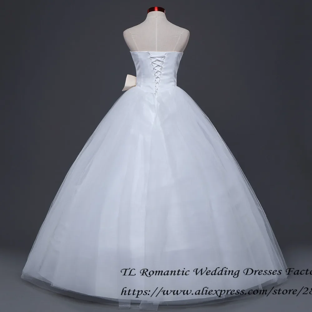 Robe de mariée blanche pure sans bretelles avec nœud à la taille, longueur au sol, grande taille, robe éducative, robe de mariée bon marché, boule, peu importe XXN011