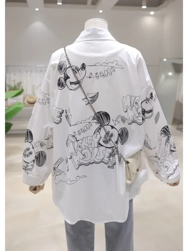 Popular Age Reduction Cartoon Printing Blouse 2024 Early Autumn Loose Thin Medium And Long Cotton Top Long-sleeved Shirt Female