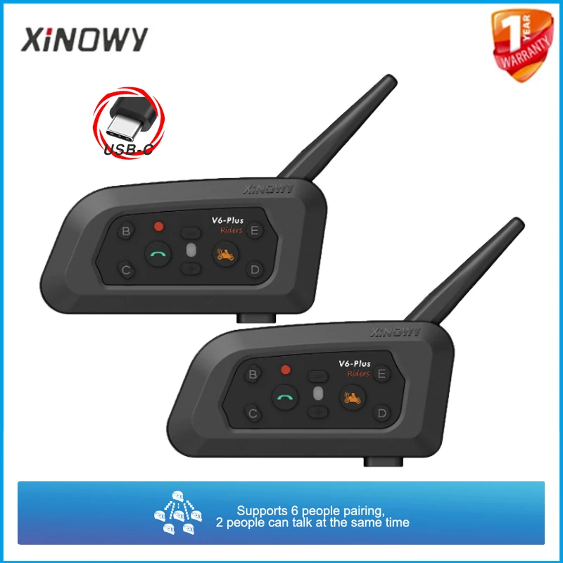 1/2Pcs XINOWY V6 Plus Motorcycle Helmet Headset 2 In 1 Type-C Headpphone Bluetooth5.1 6 Riders 1200M Talking Interphone IP65