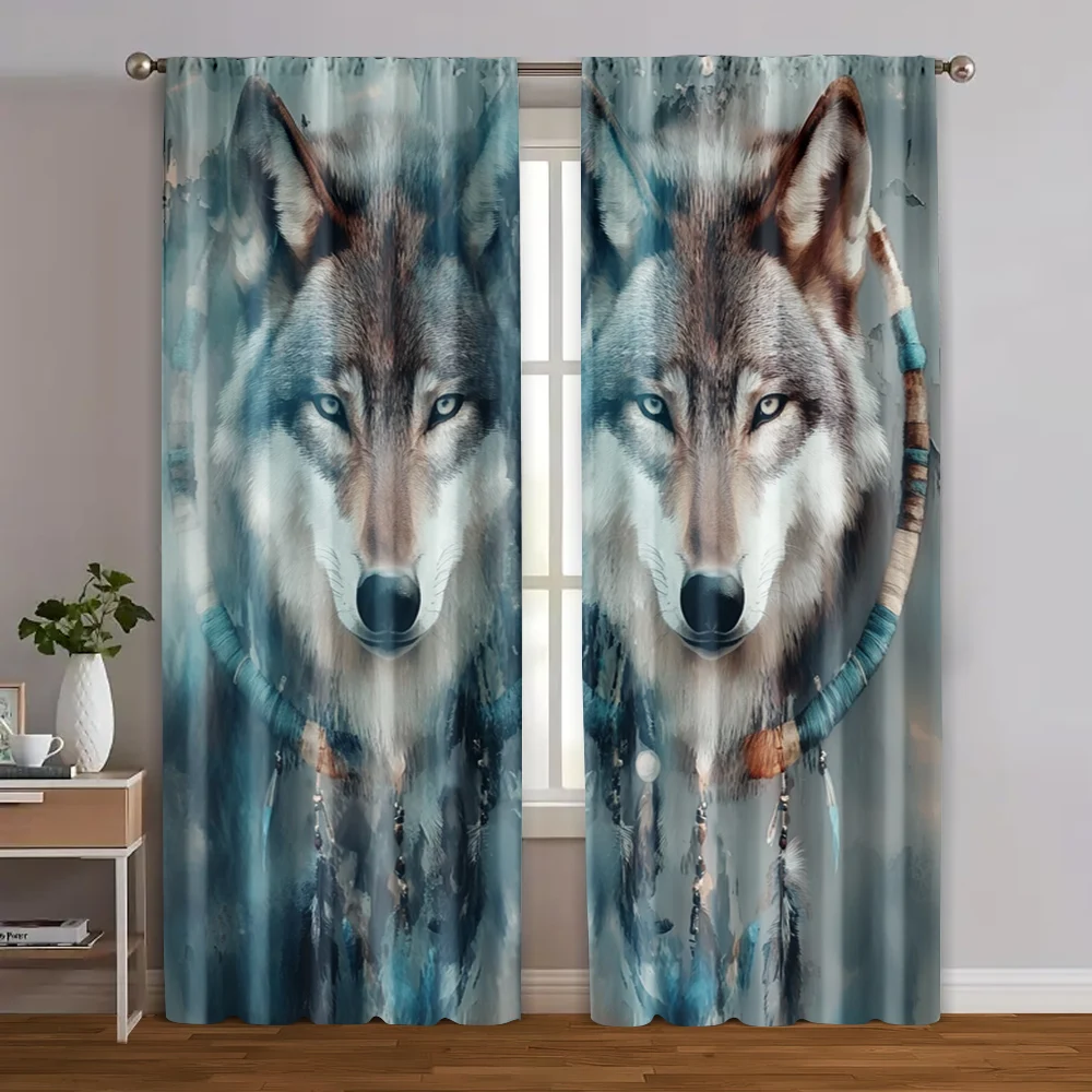 2pcs, Fashionable Curtains 2D print Wolf Dreamcatcher Prints Fabric (without rod) Versatile All Use for Bedroom, Living Room,