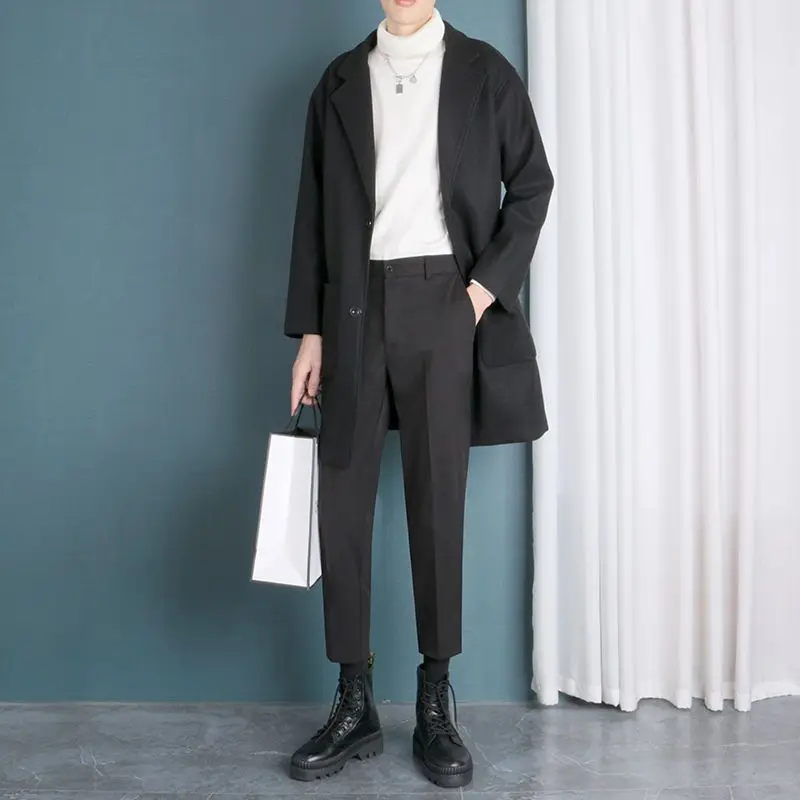 Gabardina de lana versátil inspirada en Hong Kong, abrigo largo para hombres con transición estacional de ajuste relajado ​