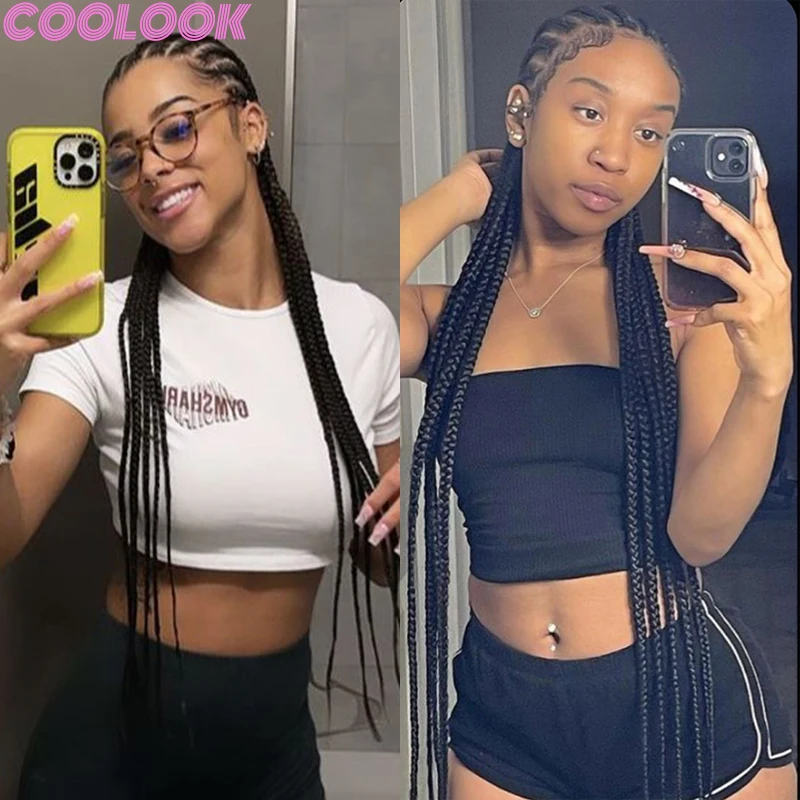 36inch Full Lace Synthetic Braid Wig with Bangs Cornrow Jumbo Plaits Durable Braided Lace Front Wig Braided Wigs for Black Women