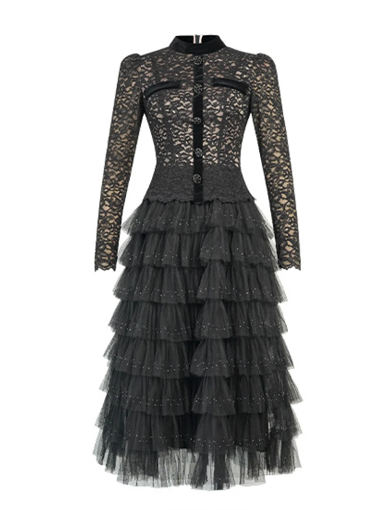 エレガントな甘いチュールケーキドレス女性の高級ブラックシアーレースダイヤモンドシングルブレストティアードフリルローブ宴会パーティー Vestidos