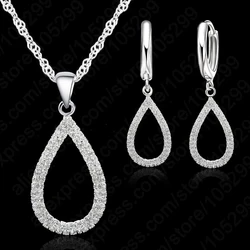 925 Sterling Silver Stamped Bridal Jewelry Sets CZ Crystal Water Drop Necklaces Hoop Earrings Women Girls Engagement Anniversary