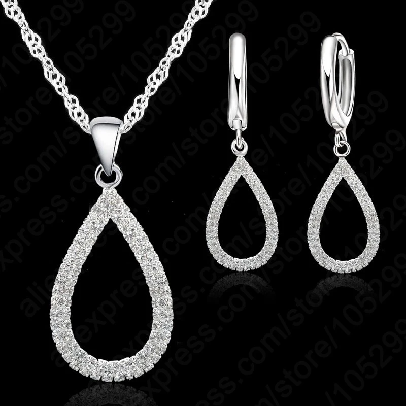 925 Sterling Silver Stamped Bridal Jewelry Sets CZ Crystal Water Drop Necklaces Hoop Earrings Women Girls Engagement Anniversary