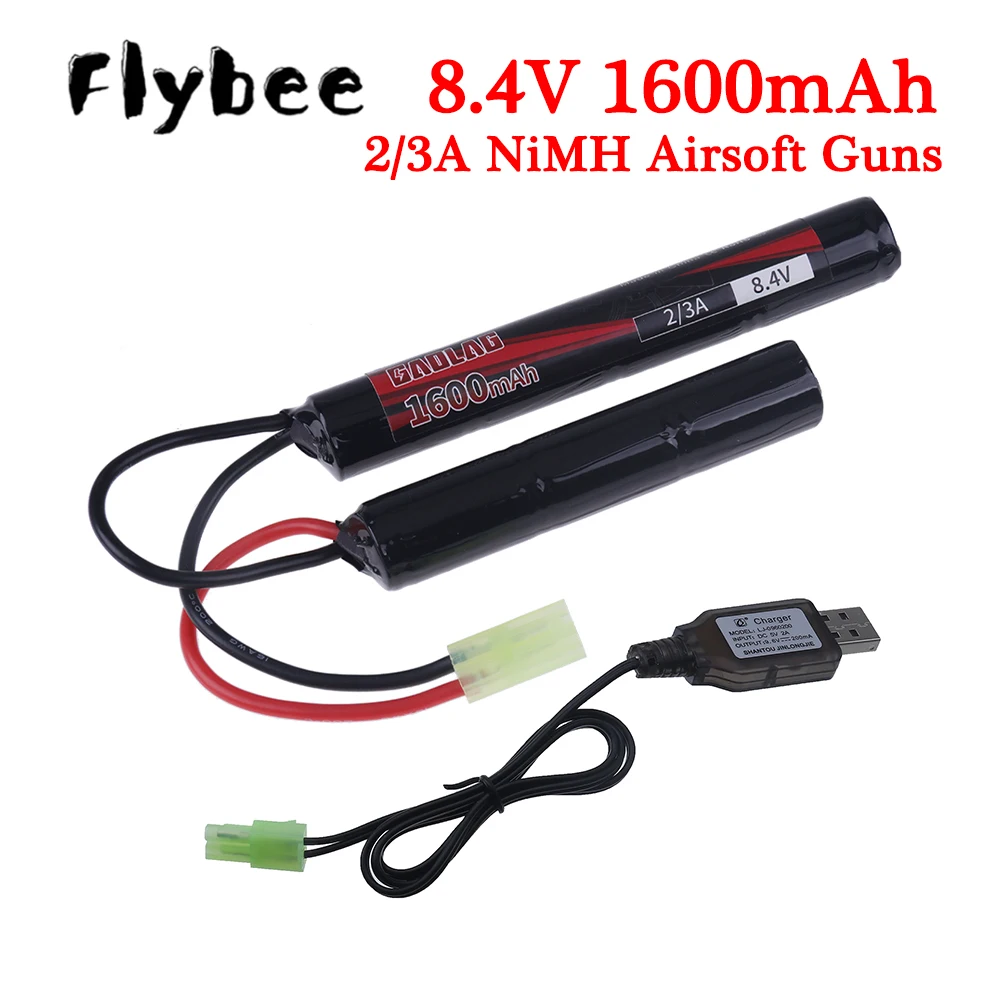 2/3A 8.4v 1600mAh Butterfly Nunchuck NIMH Battery Pack with USB Charger for Airsoft Guns M110, SR25, M249, G3 Rifle Accessories