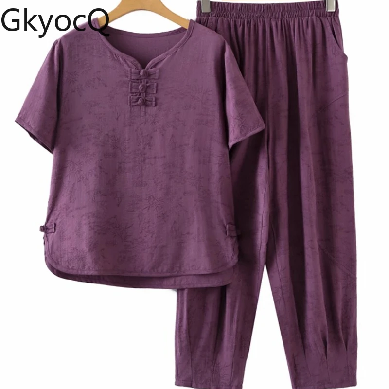 

Elegant Style Women's Outfit Loose Cotton Linen Set Short Sleeve T-Shirt Top+Pants Two Piece Set Casual Mother's Day Gift