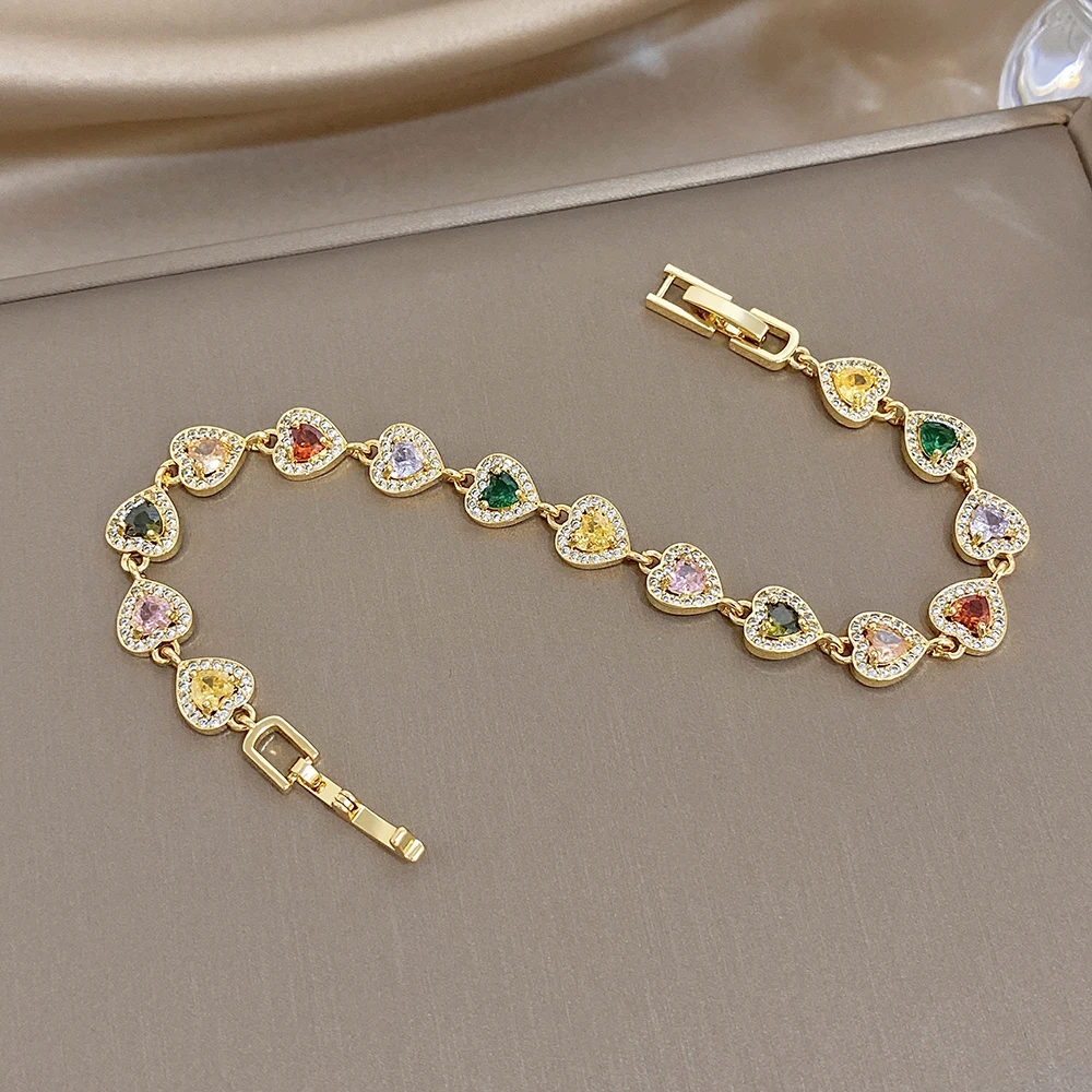 Greatera Damenarmband aus Kupfer mit Herzanhänger, zierliche, farbenfrohe Zirkon-Handkette, Party, klassisch, romantisch, wasserdichter Schmuck – Detail 6