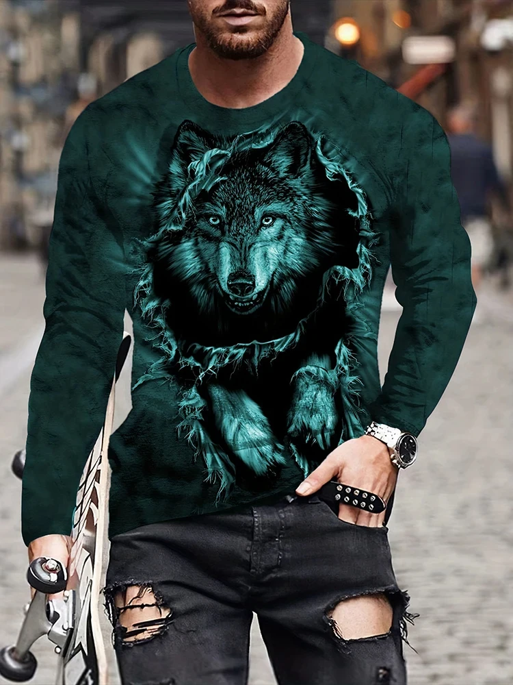 Vintage Animal Print Timber Wolf 3D Printed Autumn Men\'s Long Sleeves T-shirt Casual Fashion Oversized Trendy Men\'s Clothing